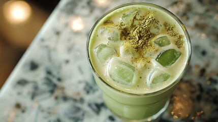 Leinwandbilder - Matcha green tea ice latte with matcha powder and bamboo whisk Top view : Generative AI