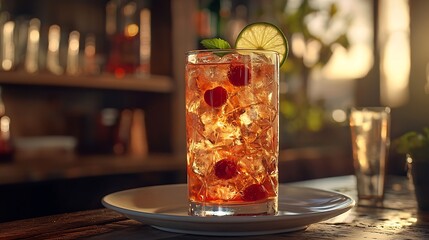 Poster - Cherry Limeade lemonade cola cocktail in a tall glass on a white plateClose up : Generative AI