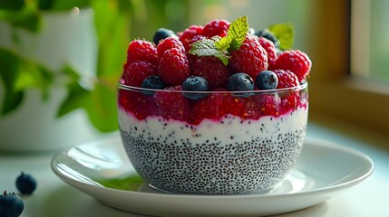 Poster - Chia seed pudding cheesecake custard dessert with fresh berries in a glass bowl on white plate Copy space : Generative AI