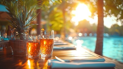 Poster - Restaurant table setting Copy space Outdoor summer tropical background : Generative AI