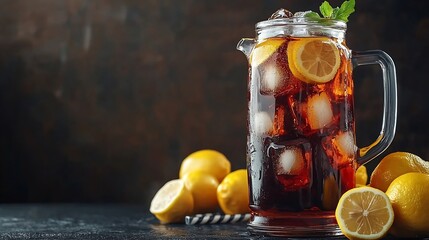 Aufkleber - Ice tea lemonade in glass and beverage dispenser with fresh lemons Grey background Copy space : Generative AI