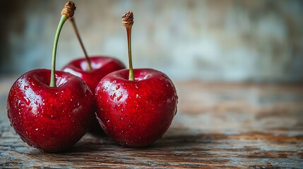 Poster - Fresh red cherry on wooden table background : Generative AI