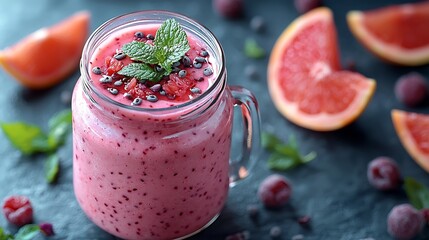 Poster - Strawberry pink grapefruit smoothie with acai powder on a grey stone background Copy space : Generative AI