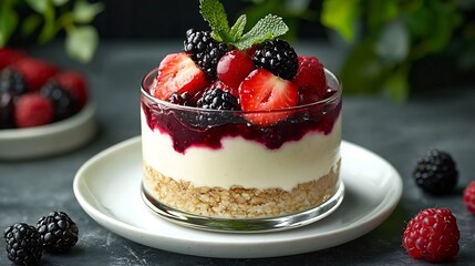 Poster - Chia seed pudding cheesecake custard dessert with fresh berries in a glass bowl on white plate Copy space : Generative AI