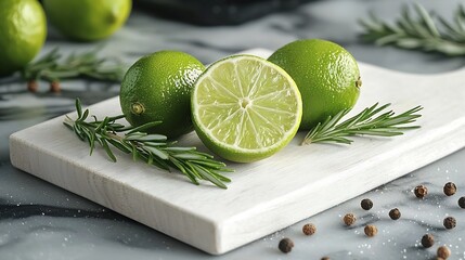 Poster - Fresh limes and rosemary on a white wooden cutting board : Generative AI