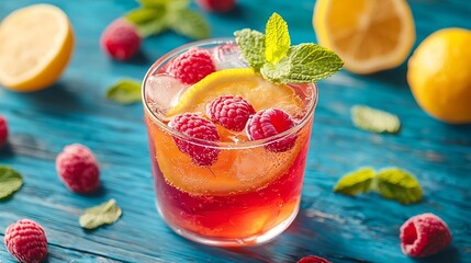 Poster - Raspberry cocktail fizz lemonade ice tea with fresh mint on blue wooden background Copy space Top view : Generative AI