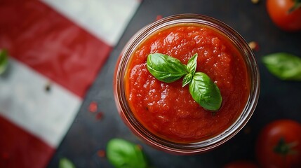Poster - Tomato sauce with basil in a glass jar with Italian flag Grey background Top view Close up : Generative AI