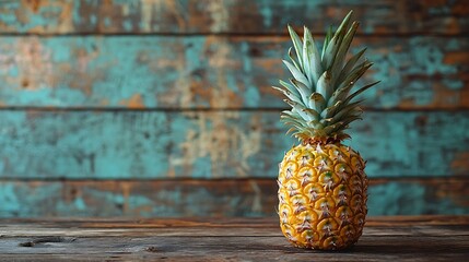 Poster - Pineapple on wooden table Tropical summer background Copy space : Generative AI