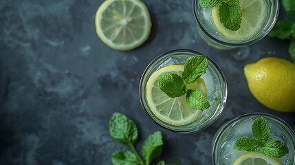 Aufkleber - Lemonade lemon mint cocktail in glasses Grey background Copy space Top view : Generative AI