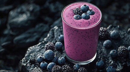 Poster - Berry smoothie with fresh blueberries on a black stone background Copy space Top view : Generative AI