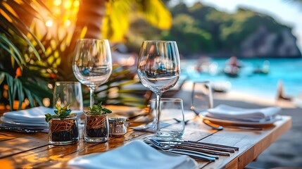 Poster - Restaurant table setting Copy space Outdoor summer tropical background : Generative AI