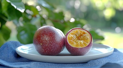 Poster - Passion fruit on a white plate on blue napkin Outdoor background : Generative AI