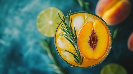 Poster - Peach cocktail fizz ice tea with fresh rosemary and lime Blue background Copy space Top view : Generative AI