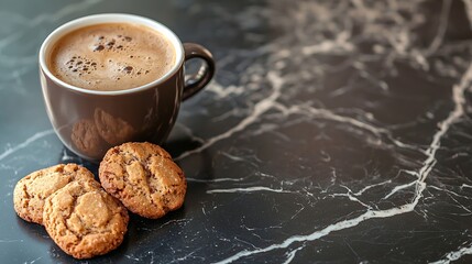 Aufkleber - Coffee espresso in cup with biscotti cookies on black marble background Close up : Generative AI