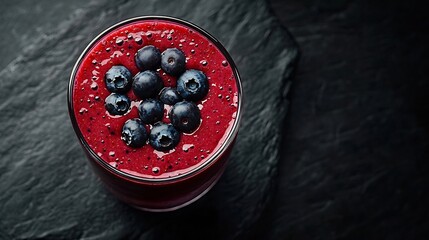 Poster - Berry smoothie with fresh blueberries on a black stone background Copy space : Generative AI