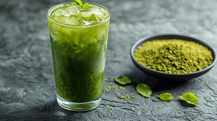 Leinwandbilder - Matcha green tea ice tea in tall glass Grey stone background Close up : Generative AI