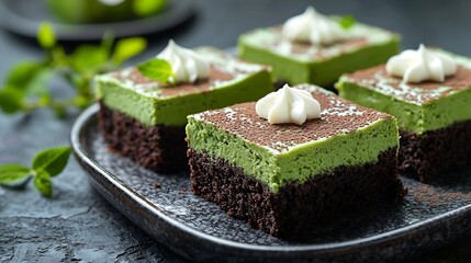 Wall Mural - Matcha green tea cake bars brownie with white chocolate on a plate Grey stone background Copy space : Generative AI