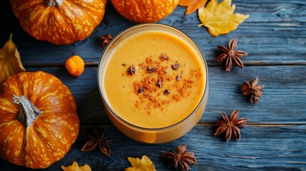 Poster - Pumpkin smoothie with pumpkin pie spices on a blue wooden background Top view : Generative AI