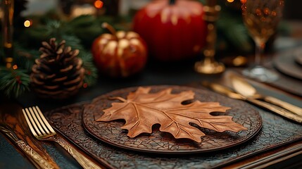 Poster - Placemat oak leaf design Autumn fall thanksgiving halloween table setting Top view Copy space : Generative AI