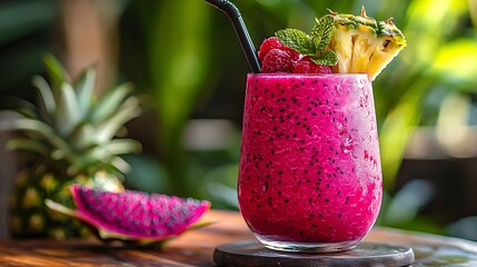 Poster - Glass of pineapple and dragon fruit smoothie juice and fresh fruit on a outdoor tropical background : Generative AI