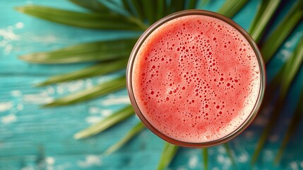 Aufkleber - Watermelon smoothie fresh juice on colorful wooden background with palm leaves Top view : Generative AI
