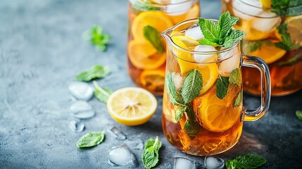 Aufkleber - Lemonade with lemon and mint Cocktail ice tea in glasses and jug Grey background : Generative AI