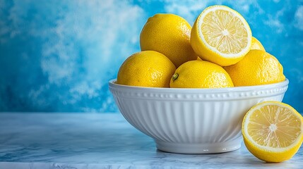 Poster - Fresh Meyer lemons in white bowl on marble board Blue background Close up : Generative AI