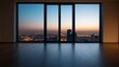 © Jenjira - Modern interior with large windows showcasing a city skyline at sunset.