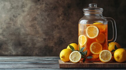 Poster - Ice tea lemonade in glass and beverage dispenser with fresh lemons Wooden background Copy space : Generative AI