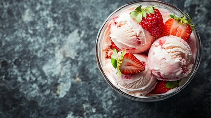 Poster - Strawberry ice cream in a glass bowl on grey background Close up Copy space : Generative AI