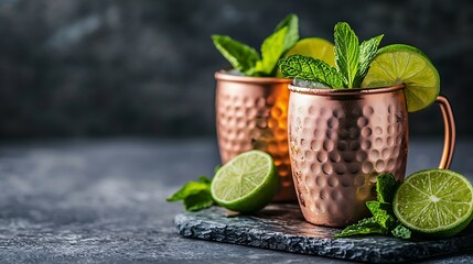 Aufkleber - Moscow mule cocktail in copper mug with fresh mint lime on marble board Grey background Copy space : Generative AI