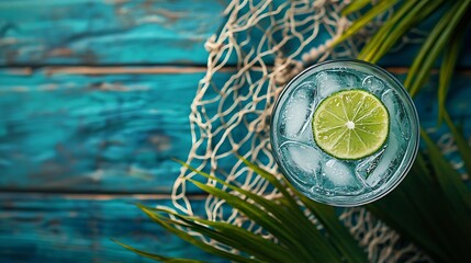 Aufkleber - Gin tonic in glass with ice and lime slice on a wooden background with fishing net and palm leaves Selective focus : Generative AI