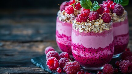 Poster - Smoothie dessert with raspberry and oatmeal in glasses decorated with fresh redcurrant branch on a wooden background : Generative AI