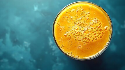 Poster - Mango juice smoothie on blue background Copy space Top view : Generative AI