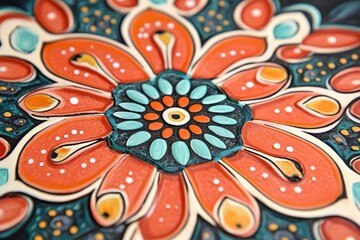 Wall Mural - Close-up of vibrant floral design with intricate patterns and vivid colors, perfect for showcasing artistic craftsmanship.