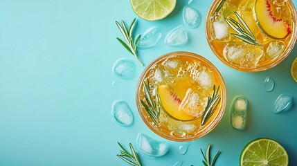 Aufkleber - Peach cocktail fizz ice tea with fresh rosemary and lime Blue background Copy space Top view : Generative AI