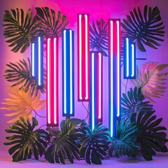 Wall Mural - a vibrant display of neon lights against lush foliage, creating a striking visual contrast and an en