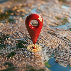 Red map pin marker on city map, symbolizing location and navigation.