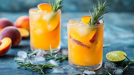 Aufkleber - Peach cocktail fizz ice tea with fresh rosemary and lime Blue background : Generative AI