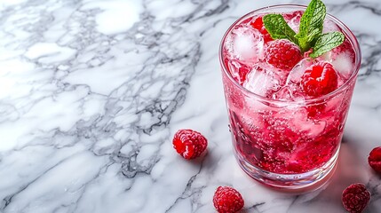 Poster - Raspberry cocktail fizz lemonade ice tea with fresh mint on marble background Close up : Generative AI