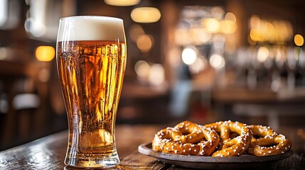 Beer and salted pretzels on wooden table background Close up : Generative AI