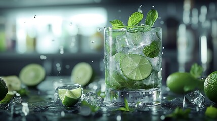 Aufkleber - Mojito cocktail with lime and mint in highball glass on a grey stone background : Generative AI