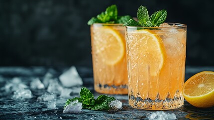 Aufkleber - Lemonade with lemon and mint Cocktail ice tea in glasses and jug Grey background : Generative AI