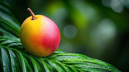 Poster - Fresh mango on green palm leaf Close up : Generative AI