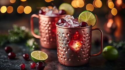 Aufkleber - Cold cherry Moscow Mules cocktail with ginger beer vodka lime Marble background : Generative AI