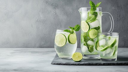 Aufkleber - Mojito cocktail with lime and mint lemonade ice tea in glasses and jug Grey background Copy space : Generative AI