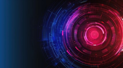 Abstract futuristic digital background with blue and pink circular patterns.