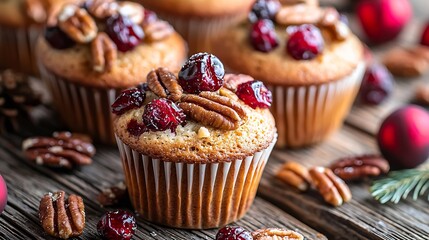 Wall Mural - Muffins cakes with cranberry and pecan nuts Christmas decoration Top view : Generative AI