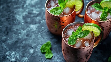 Aufkleber - Moscow Mules cocktail with ginger beer vodka lime and mint Grey background Close up Top view : Generative AI