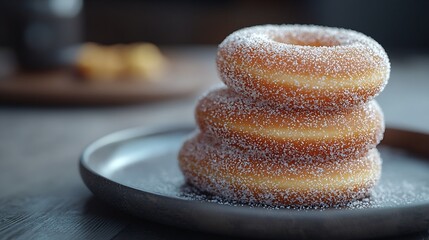 Wall Mural - Donuts with sugar powder on a plate Grey background Close up : Generative AI